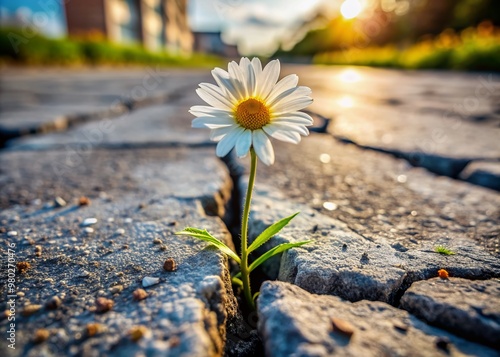 Vibrant daisy blooming from a crack in worn, urban asphalt, symbolizing hope, resilience, and beauty thriving in harsh, concrete city center environments. photo