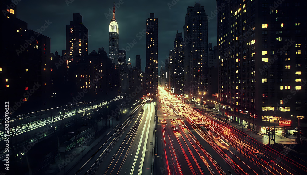Fototapeta premium A bustling city at night, with skyscrapers illuminated and traffic creating streaks of light