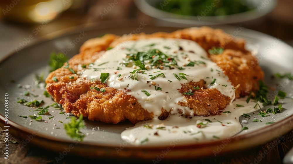 Cajun-seasoned chicken with white sauce, dusted with herbs and pepper, Cajun-seasoned chicken with white sauce, dusted with herbs and pepper,