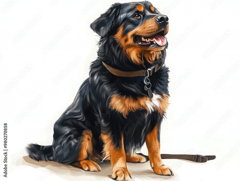 A cheerful Rottweiler sitting calmly, showcasing its shiny coat and friendly demeanor, perfect for pet lovers and animal enthusiasts. A cheerful Rottweiler sitting calmly, showcasing its shiny coat and friendly demeanor, perfect for pet lovers and animal enthusiasts.