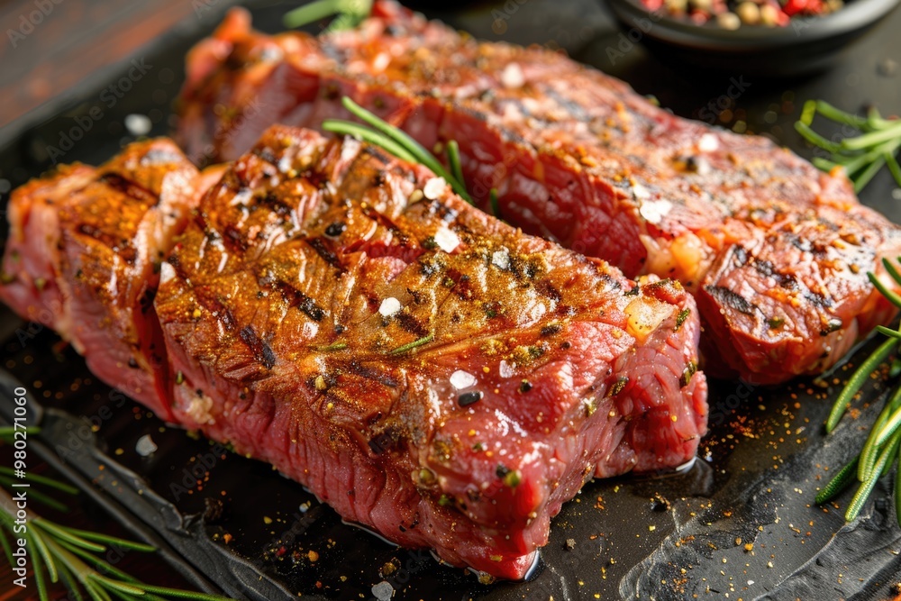 Fresh beef steak marinated with spices, ready to be grilled Fresh beef steak marinated with spices, ready to be grilled