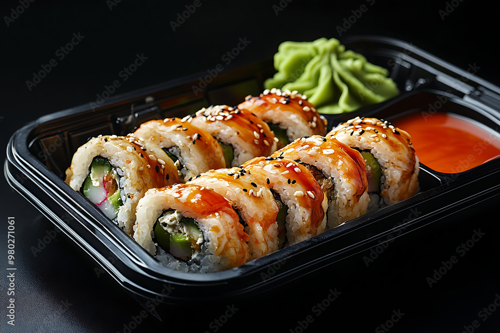 A sushi platter featuring rolls, wasabi, and dipping sauce in a black container. A sushi platter featuring rolls, wasabi, and dipping sauce in a black container.