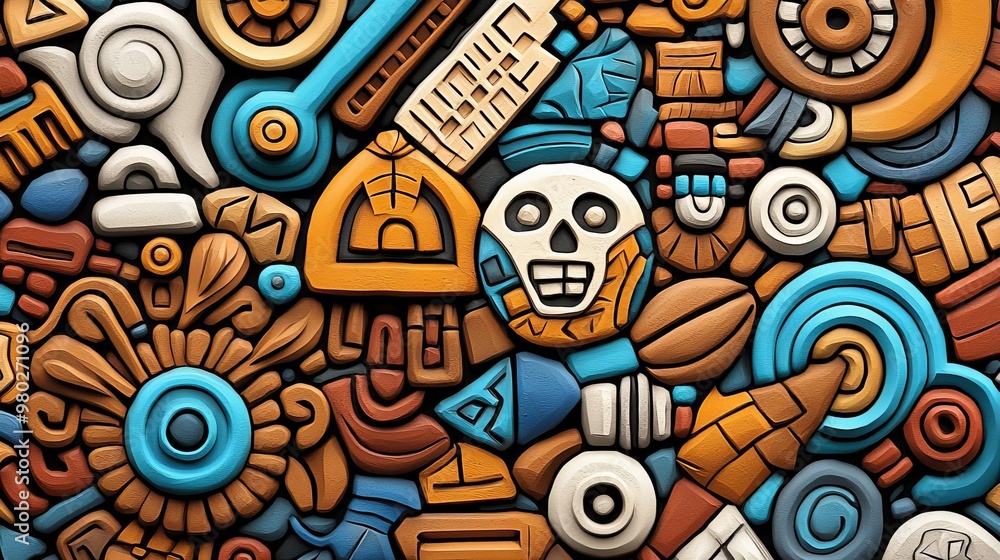 A vibrant and colorful pattern featuring various shapes and designs, combining elements of culture and art. A vibrant and colorful pattern featuring various shapes and designs, combining elements of culture and art.