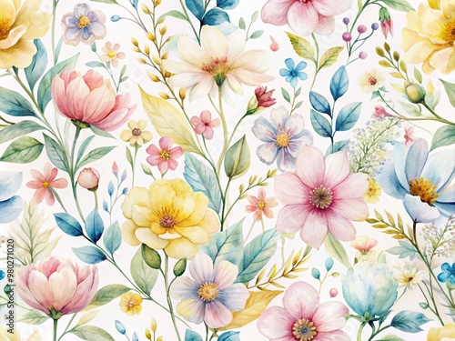Delicate watercolor flowers in soft pink, yellow, and blue hues dance across a crisp white background, exuding elegance and whimsy in this beautiful illustration.