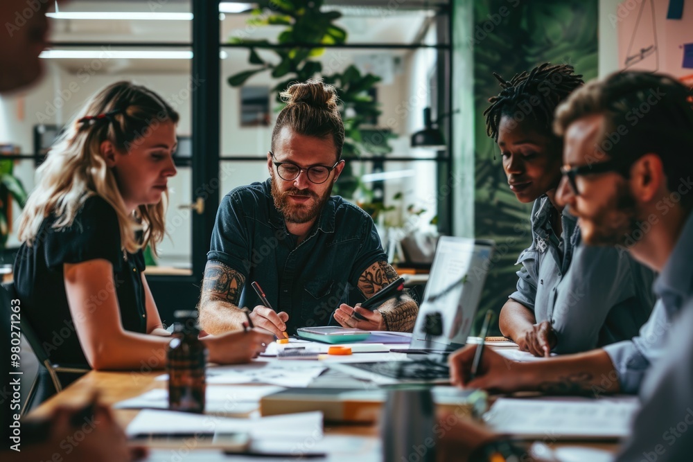 Diverse team brainstorming in office, working together on collaborative project