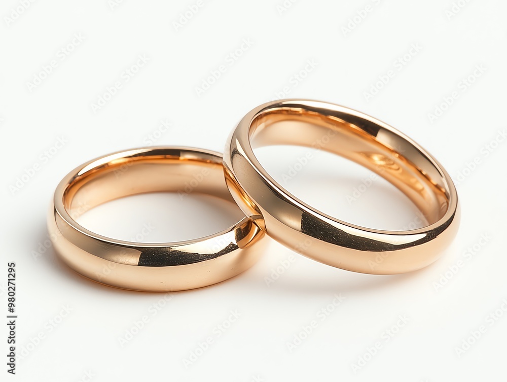 Two gold wedding bands side by side on a white background. Two gold wedding bands side by side on a white background.