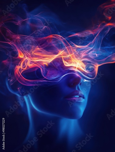 A creative portrait featuring a person with luminous, colorful smoke effects, illustrating the fusion of art and technology.