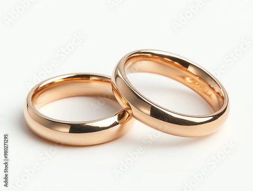 Two gold wedding bands side by side on a white background.