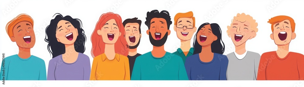 A diverse group of happy people singing joyfully, representing unity and excitement in a vibrant, colorful environment. A diverse group of happy people singing joyfully, representing unity and excitement in a vibrant, colorful environment.