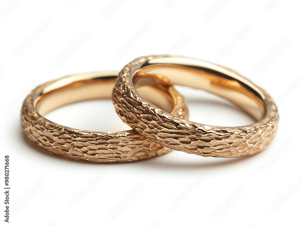 Two gold wedding rings with a textured surface isolated on white. Two gold wedding rings with a textured surface isolated on white.