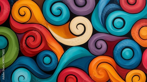 Vibrant abstract art featuring colorful swirls and curves, creating a dynamic and lively visual experience.