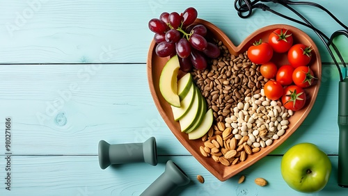 Healthy lifestyle concept featuring a heart-shaped plate filled with nutritious foods and fitness gear on a wooden background. Perfect for promoting wellness, balanced diet, and exercise routines. photo