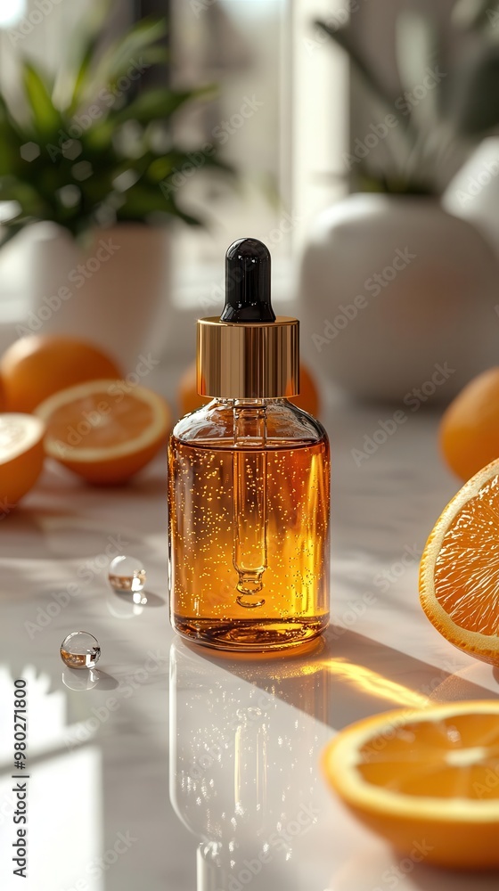 elegant bottle of vitamin c serum with fresh orange slices and droplets set against a clean white background with soft shadows elegant bottle of vitamin c serum with fresh orange slices and droplets set against a clean white background with soft shadows