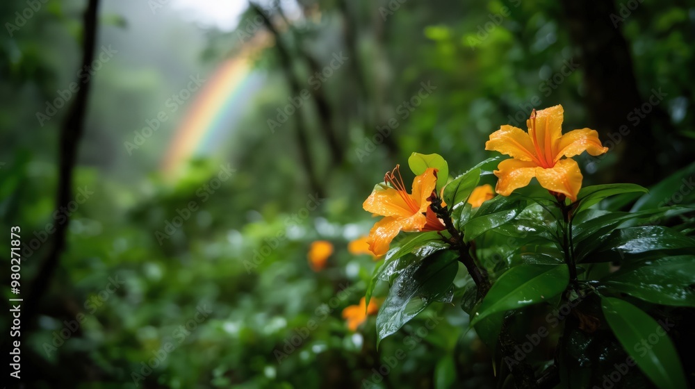 Tropical rainforest tranquility with vibrant rainbow for nature posters Tropical rainforest tranquility with vibrant rainbow for nature posters