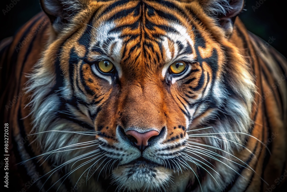 Fierce tiger face roars in extreme closeup, eyes blazing with intensity, dynamic lighting accentuates powerful muscles and whiskers amidst a dark, moody atmosphere. Fierce tiger face roars in extreme closeup, eyes blazing with intensity, dynamic lighting accentuates powerful muscles and whiskers amidst a dark, moody atmosphere.