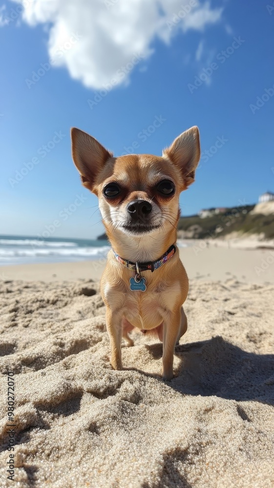 Chihuahua on a sunny beach, enjoying the warm sand and sea breeze, its small frame and vibrant energy making it stand out in the scene. Chihuahua on a sunny beach, enjoying the warm sand and sea breeze, its small frame and vibrant energy making it stand out in the scene.