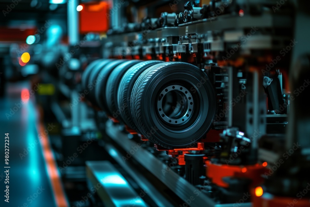 A close view of a modern tire manufacturing process. High-tech production lines with tires in focus. Bright lights and sleek machinery enhance the industrial scene. Generative AI A close view of a modern tire manufacturing process. High-tech production lines with tires in focus. Bright lights and sleek machinery enhance the industrial scene. Generative AI