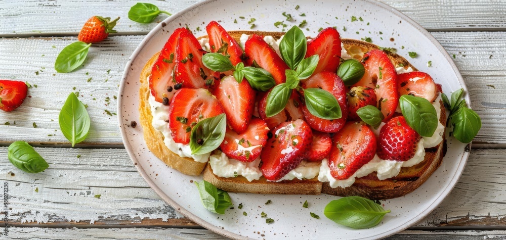 Delicious strawberry toast topped with fresh basil on a rustic wooden table, perfect for breakfast or brunch. Delicious strawberry toast topped with fresh basil on a rustic wooden table, perfect for breakfast or brunch.