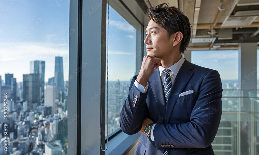 Japanese businessman in office. A Japanese businessman looks out of a window with a view of Tokyo. He looks thoughtful or determined, as if he's in a fast-paced business environment. Japanese businessman in office. A Japanese businessman looks out of a window with a view of Tokyo. He looks thoughtful or determined, as if he's in a fast-paced business environment.