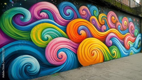 Vibrant mural featuring colorful waves in a range of shades, creating an energetic and playful urban artwork.