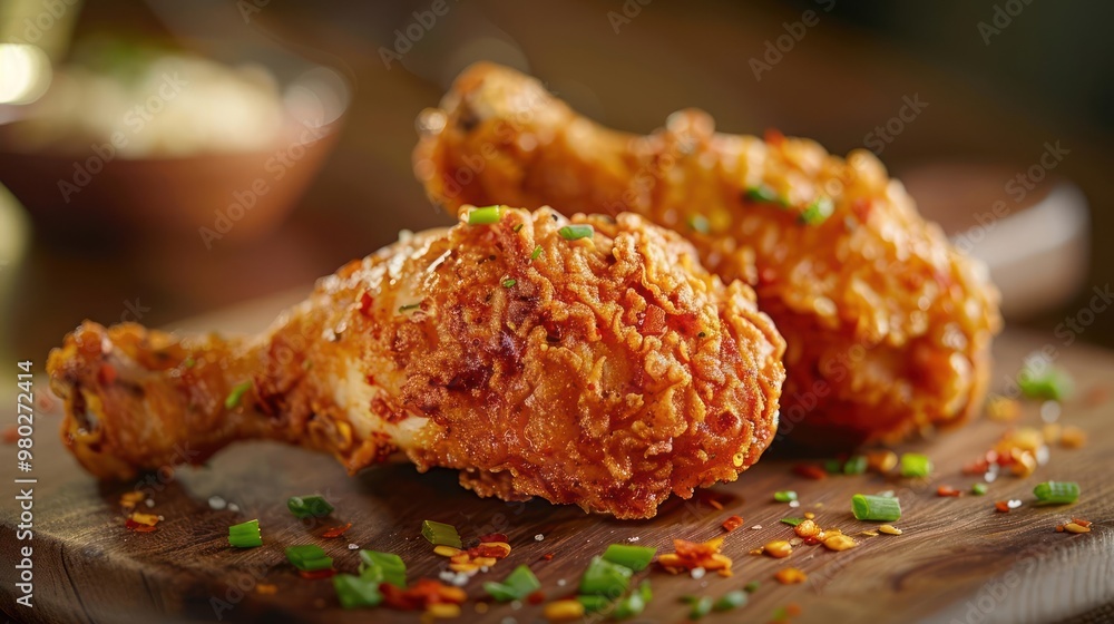Crispy, golden-brown fried chicken drumsticks topped with spices and herbs, Crispy, golden-brown fried chicken drumsticks topped with spices and herbs,
