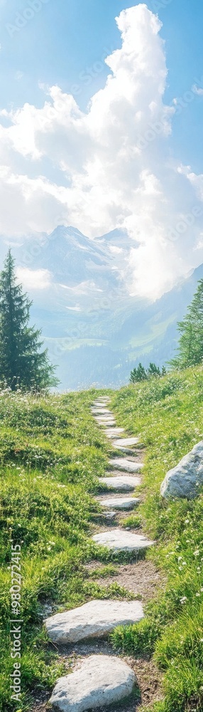 A serene pathway leads through lush greenery, inviting exploration under a bright sky with fluffy clouds in the distance. A serene pathway leads through lush greenery, inviting exploration under a bright sky with fluffy clouds in the distance.