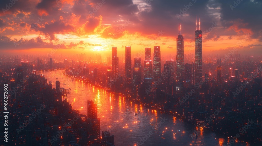 Vibrant Megacity at Sunset with Illuminated Skyscrapers Generative AI Vibrant Megacity at Sunset with Illuminated Skyscrapers Generative AI