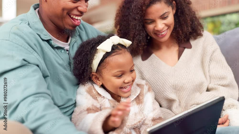 Smile, black family and love with tablet on sofa for funny video, bonding and streaming game in morning. Happy, parents and child with digital for care, teddybear and online storytelling at house Smile, black family and love with tablet on sofa for funny video, bonding and streaming game in morning. Happy, parents and child with digital for care, teddybear and online storytelling at house