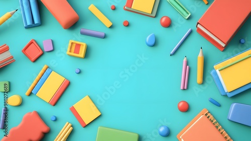 Illustrated 2D background of colorful learning resources like flashcards, books, and chalk, arranged in a playful pattern, hyper-real, high quality, sharp images