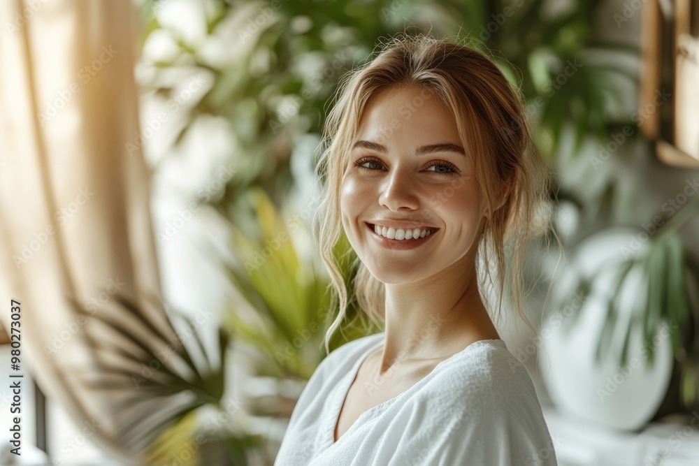High-resolution brightly lit photorealistic photograph of a radiant presenter woman smiling in a peaceful massage spa, exuding relaxation and joy. The photo has a light, bright, and cheerful feel, High-resolution brightly lit photorealistic photograph of a radiant presenter woman smiling in a peaceful massage spa, exuding relaxation and joy. The photo has a light, bright, and cheerful feel,