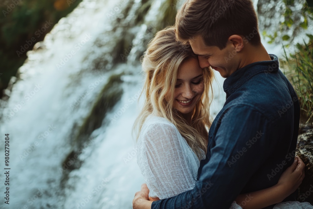 High-resolution brightly lit photorealistic candid photograph of a young couple standing close together by a waterfall, their faces lit with joy and love. The photograph is styled like a high-end High-resolution brightly lit photorealistic candid photograph of a young couple standing close together by a waterfall, their faces lit with joy and love. The photograph is styled like a high-end