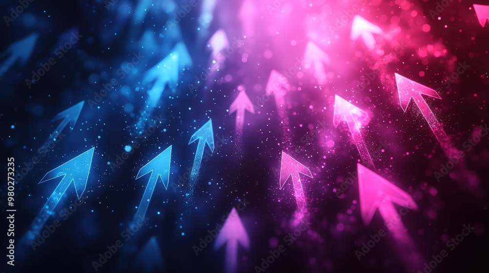 Abstract background with pink and blue arrows ascending energetically, illustrating growth and progress for a startup business, against a sleek, neutral backdrop that enhances the sense of upward Abstract background with pink and blue arrows ascending energetically, illustrating growth and progress for a startup business, against a sleek, neutral backdrop that enhances the sense of upward