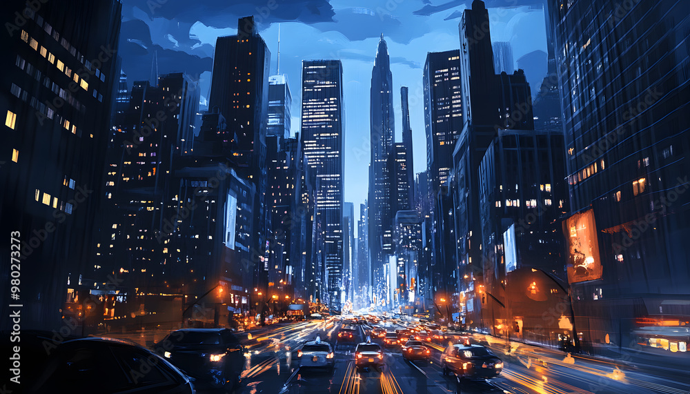 Fototapeta premium A bustling city at night, with skyscrapers illuminated and traffic creating streaks of light