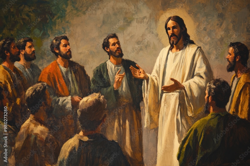 A painting of Jesus Christ speaking to his Apostles during the Sermon on the Mount, illustrated with detailed brush strokes on oil canvas, capturing the scene's emotion and depth.