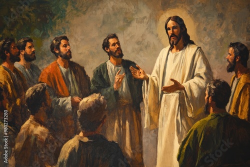 Obraz na płótnie A painting of Jesus Christ speaking to his Apostles during the Sermon on the Mount, illustrated with detailed brush strokes on oil canvas, capturing the scene's emotion and depth. w salonie