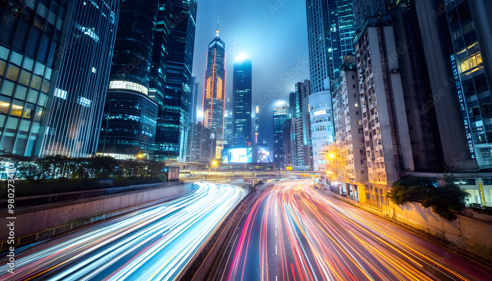A bustling city at night, with skyscrapers illuminated and traffic creating streaks of light A bustling city at night, with skyscrapers illuminated and traffic creating streaks of light
