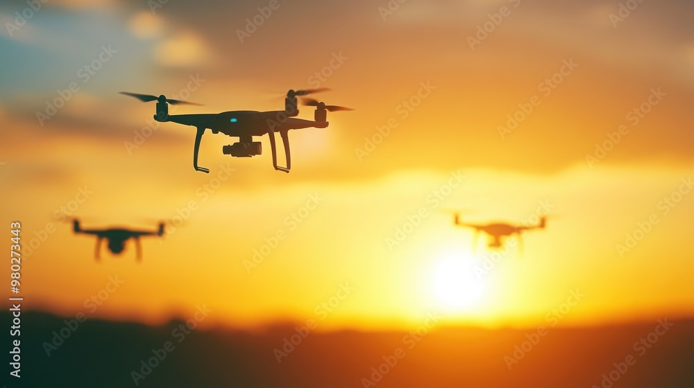 A stunning sunset view with multiple drones elegantly flying in the sky, capturing the beauty of nature and technology in harmony. A stunning sunset view with multiple drones elegantly flying in the sky, capturing the beauty of nature and technology in harmony.