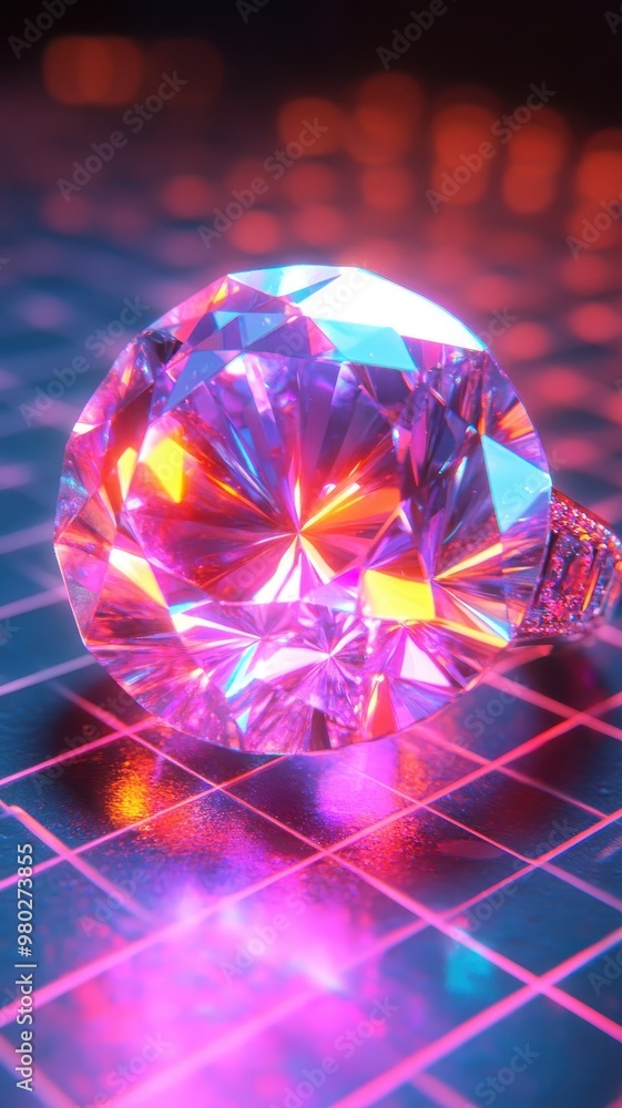 A neon synthwave diamond ring with glowing edges and a retro vibe, set against a grid background. A neon synthwave diamond ring with glowing edges and a retro vibe, set against a grid background.