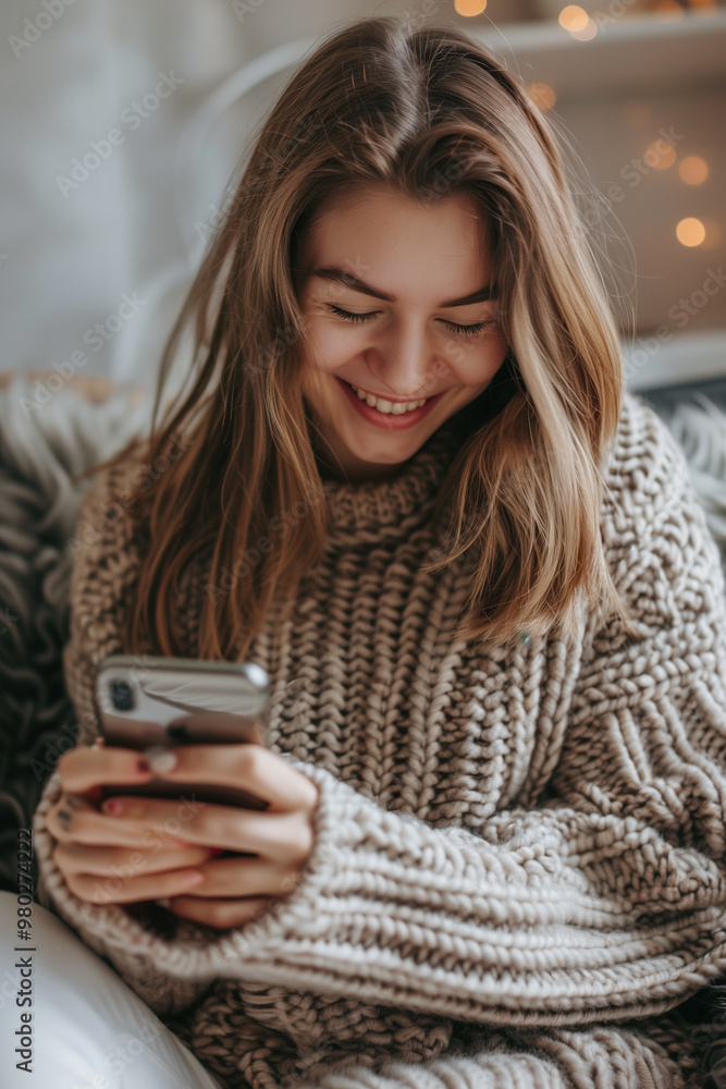 Fototapeta premium Happy woman in cozy sweater enjoying her smartphone at home comfortably