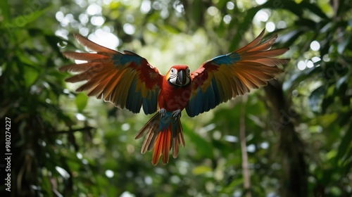 Vibrant scarlet macaw soaring through lush rainforest canopy for nature posters or cards photo