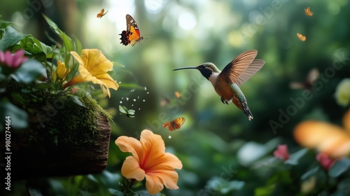 Vibrant tropical garden with hummingbird and butterflies for nature posters