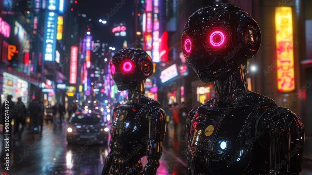Robots in Neon-Lit Futuristic City Generative AI Robots in Neon-Lit Futuristic City Generative AI
