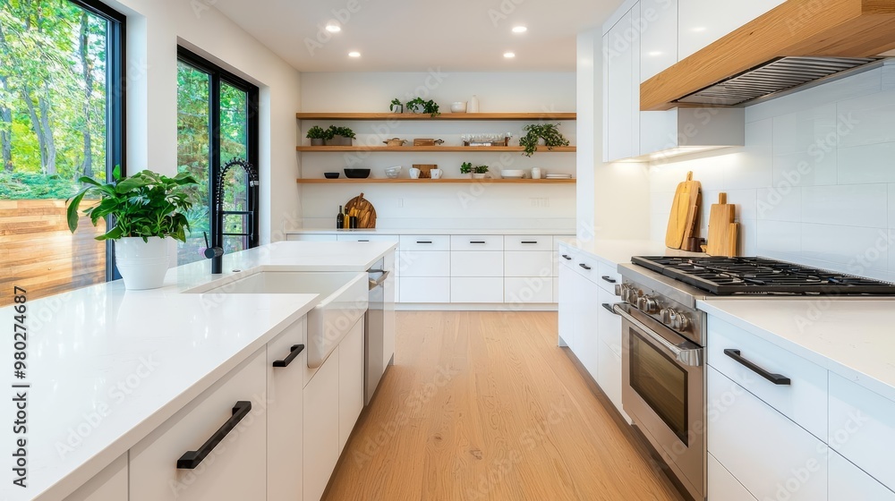 Fototapeta premium Bright kitchen with sleek countertops, minimal utensils, large windows, sunlit space, wide-angle, Sony a7 III
