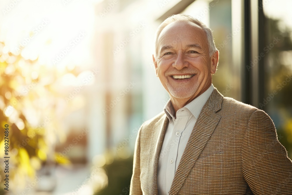 High-resolution brightly lit photorealistic candid photograph of a happy senior businessman captured in a high-end lifestyle magazine style. The light, bright setting complements his joyful High-resolution brightly lit photorealistic candid photograph of a happy senior businessman captured in a high-end lifestyle magazine style. The light, bright setting complements his joyful