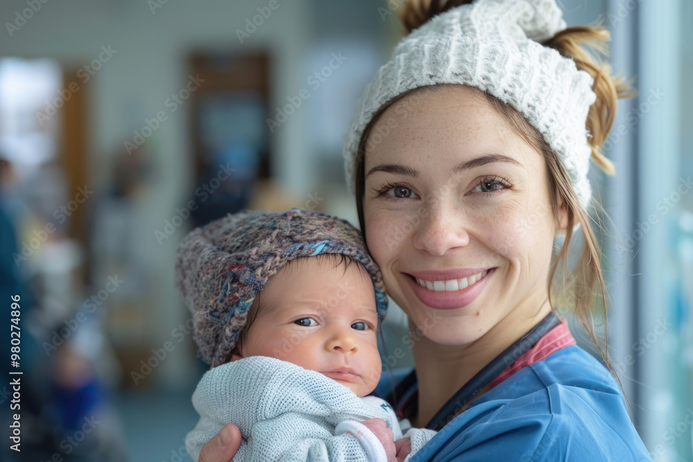 A young nurse holding a newborn baby A young nurse holding a newborn baby