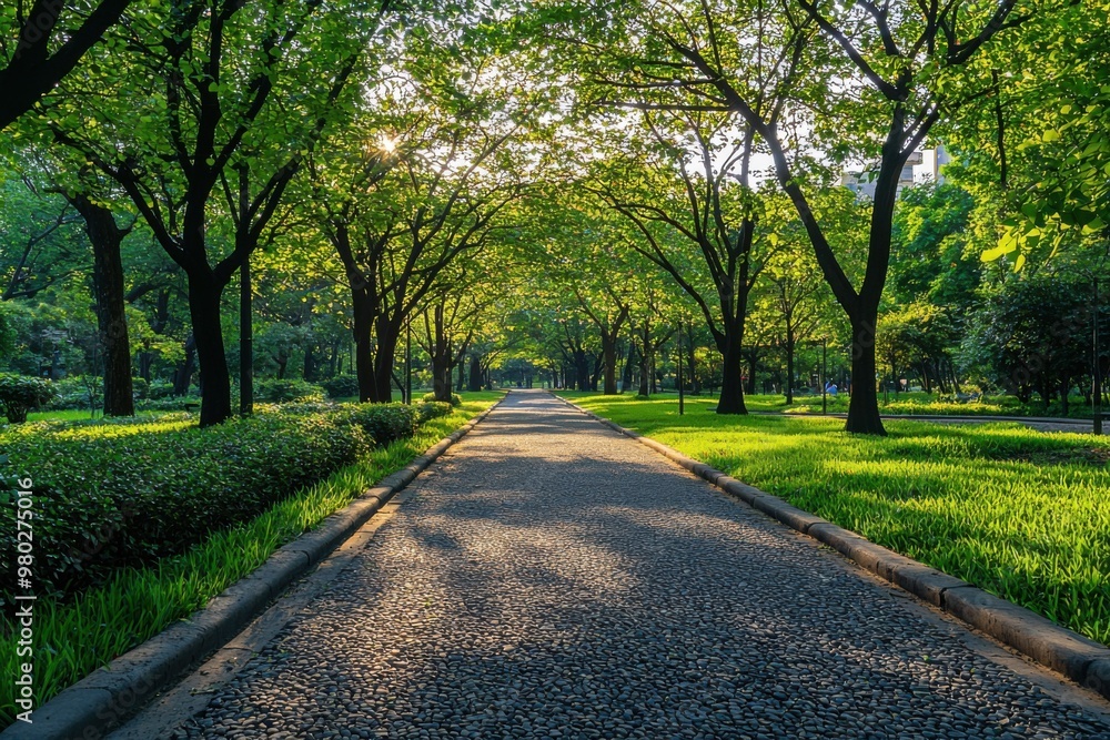 Sunlit Path Through Green Trees. Sunlit Path Through Green Trees.