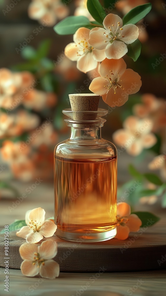 elegant glass bottle of neroli essential oil surrounded by delicate orange blossoms soft natural lighting highlights amber liquid and fresh flowers on rustic wooden surface elegant glass bottle of neroli essential oil surrounded by delicate orange blossoms soft natural lighting highlights amber liquid and fresh flowers on rustic wooden surface