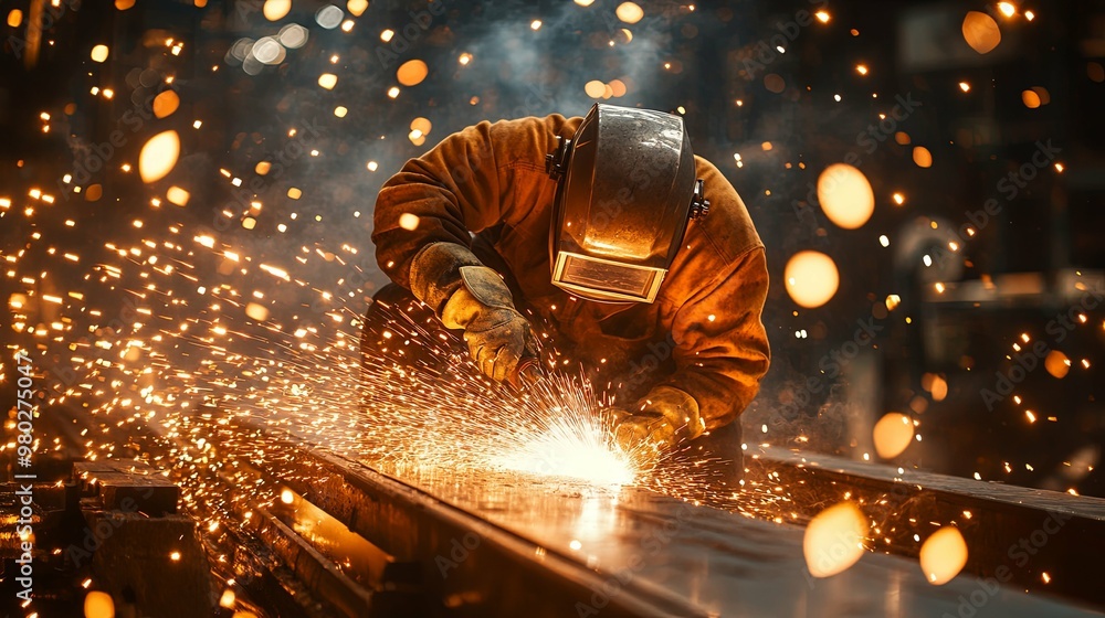 Welder in Protective Gear Working on Metal with Sparks Flying Welder in Protective Gear Working on Metal with Sparks Flying
