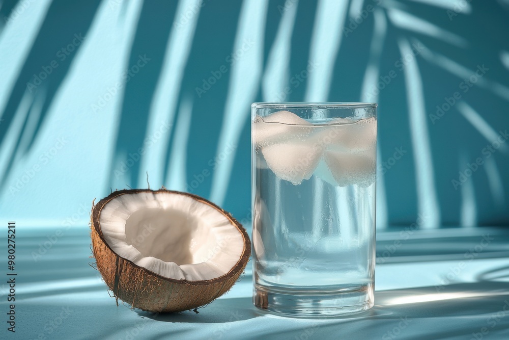 Coconut Water with Ice in a Glass on a Blue Background with Palm Leaf Shadows. Coconut Water with Ice in a Glass on a Blue Background with Palm Leaf Shadows.