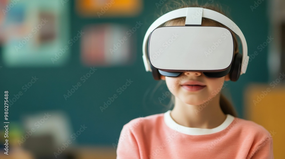 A young girl in a classroom wearing a virtual reality headset, participating in an interactive learning experience using modern technology. A young girl in a classroom wearing a virtual reality headset, participating in an interactive learning experience using modern technology.